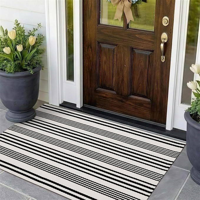 OJIA Front Door Rug 27.5"x43" Black and White Striped Outdoor Porch Rugs | Machine Washable Welcome Mat Cotton Woven Entryway Rug Front Door Mats for Porch/Farmhouse/Kitchen/Outside Entrance Decor