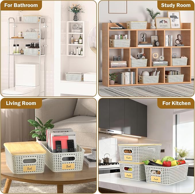 Stackable Storage Baskets: 8 Pack Plastic Baskets Bins, White | Decorative Baskets for Organizing, Pantry Decorative Containers for Closets, Cabinets, Shelves