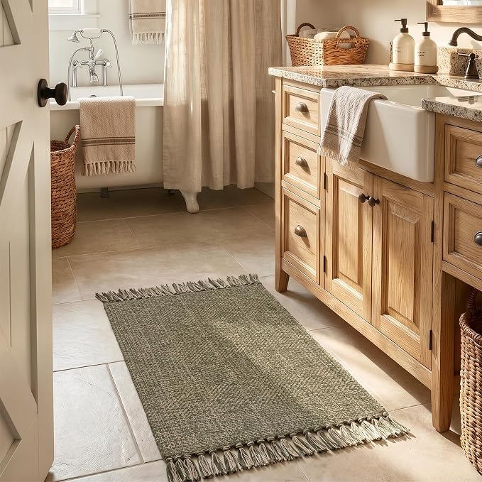 Collive Boho Bathroom Rug 2' x 3', Modern Farmhouse Rugs for Entryway Moss Green Washable Kitchen Mat, Hand-Woven Low Profile Front Door Mat Reversible Porch Carpet for Laundry Bedroom Decor