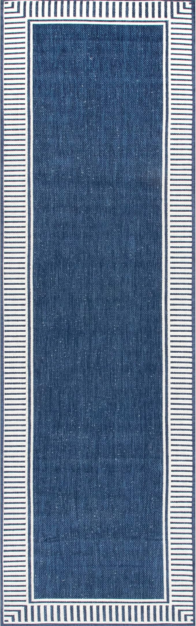 Nuloom Asha Navy/Ivory, 2' x 6', Casual, Striped Border, Soft and Cozy, High Traffic, Easy Clean, Durable Runner for Indoor/Outdoor Patio, Deck, Porch, Garden, Courtyard