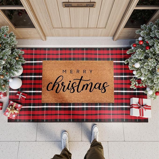 KIMODE Christmas Door Mat Outdoor 24"X51",Red/Black Buffalo Plaid Rug,Washable Cotton Hand-Woven Layered Door Mats,Reversible Outdoor Christmas Decor for Front Porch,Entryway,Kitchen