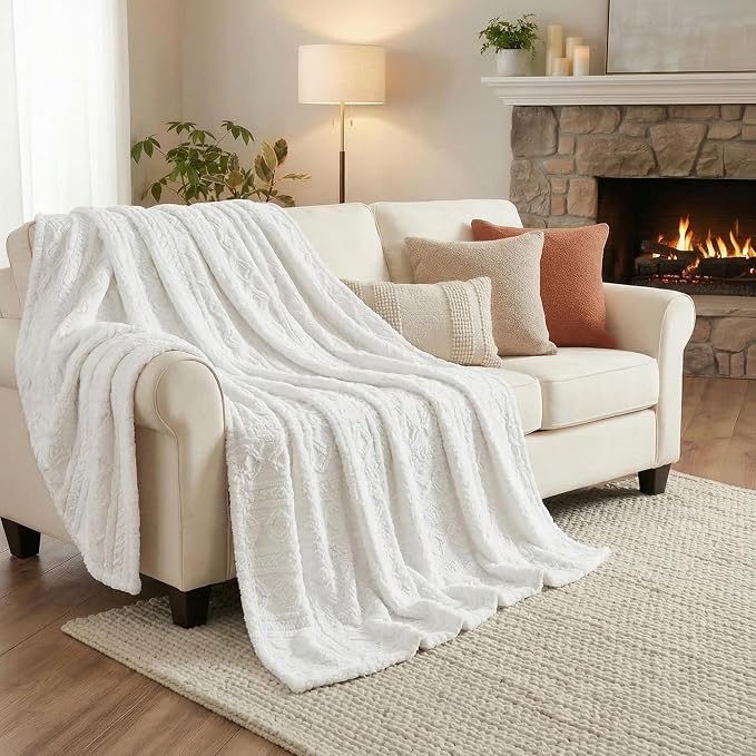 SUPERIOR Fleece Boho Jacquard Blanket, Decorative Blankets for Bedroom, Sofa, Fuzzy, Plush, Fluffy, Soft, Cute Room Decor, Beautiful Cover, Comfort Essentials, Arctic Collection, Full/Queen, White