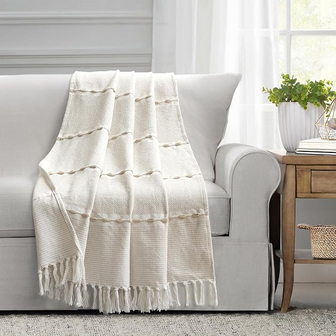 Lush Decor Herringbone Stripe Woven Tassel Yarn Dyed Cotton Throw Blanket 50" W x 60" L Black & Multi - Striped Throw Blankets - Black Couch Blanket