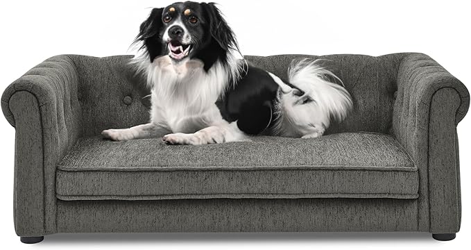 38.9" Upholstery Elevated Dog Sofa with Button‑Tufted Backrest & Rolled Armrests, Pet Couch Bed with Removable Soft Cushion, Comfy Modern Deep Seat Raised Dog Bed for Living Room, Bedroom,Dark Grey