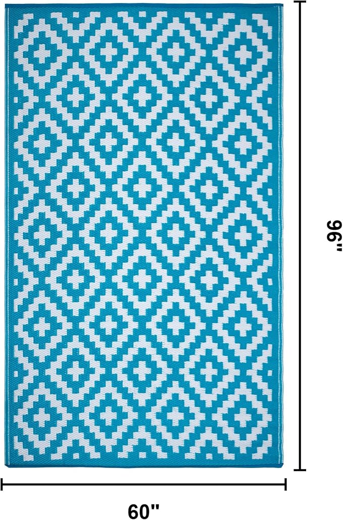 FH Home Outdoor Rug - Waterproof, Fade Resistant, Reversible - Premium Recycled Plastic - Geometric - Patio, Porch, Deck, Balcony - Aztec - Teal & White Crease Free - 5 x 8 ft