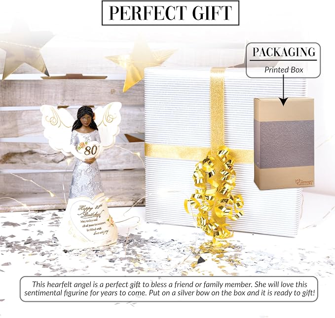 Pavilion Gift Company - Happy 80th Birthday - 6" Ebony African American Angel Figurine Religious Best Friend Bestie BFF God Jesus Lover Christian Christ Gift Present