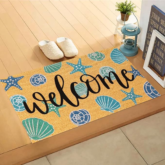 JarThenaAMCS Seashell Natural Coir Door Mat Aqua Blue Beach Theme Welcome Floor Mat Non-Slip Entrance Door Rugs for Summer Indoor Outdoor Home Bathroom Decor, 16.5 x 29 Inch