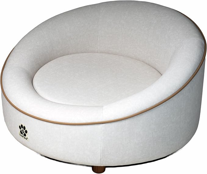Human & Pet Shared Round Dog Bed, High Resilience Foam with Solid Pine Leg Frame, Indoor Pet Furniture(Cream Beige)