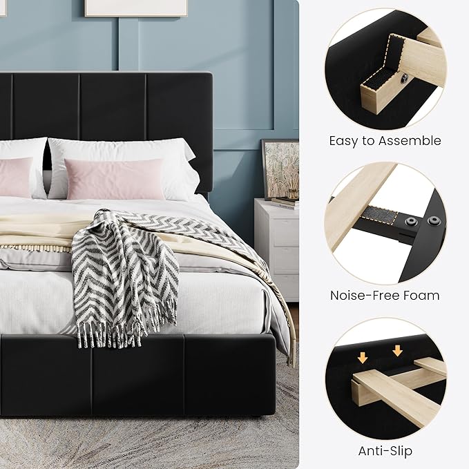 SHA CERLIN King Size Bed Frame, Velvet Upholstered Platform Bed, Vertical Channel Tufted Adjustable Headboard, Low Profile Bed Frame, No Box Spring Needed, Easy Assembly, Black
