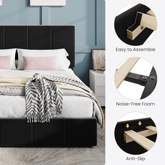 SHA CERLIN Full Size Bed Frame, Velvet Upholstered Platform Bed, Vertical Channel Tufted Adjustable Headboard, Low Profile Bed Frame, No Box Spring Needed, Easy Assembly, Black