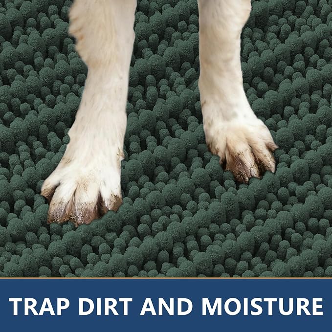 Smiry Dog Door Mat for Muddy Paws 36x24, Absorbent Dirt Trapper, Non-Slip Washable Chenille Entryway Rug for Inside Floor, Green, Layered Pattern