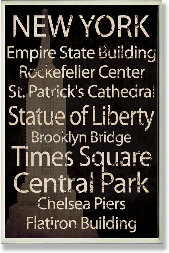 Stupell Home Décor New York Landmark Typography Rectangle Wall Plaque, 10 x 0.5 x 15, Proudly Made in USA