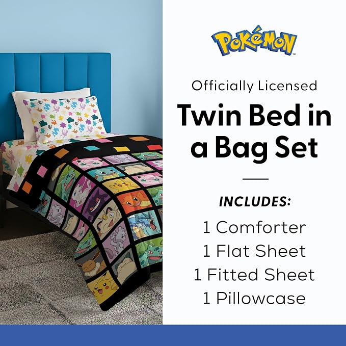 Northwest Pokemon Kanto Favorites Twin Size Bed in a Bag Set, Pikachu Charmander Squirtle Bulbasaur, Kids Boys Girls Bedding Comforter Sheets