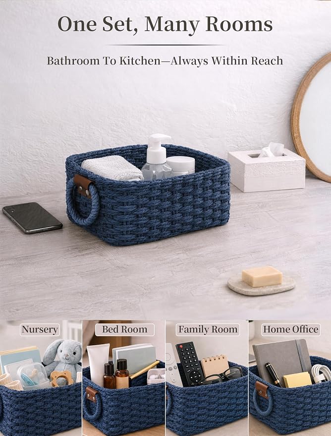 Small Wicker Baskets, 3 PCS Paper Rope Baskets for Shelves, Blue | Recycled Small Baskets, 3 Sizes Woven Baskets for Organizing, Decorative Storage Baskets for Bedroom and Bathroom