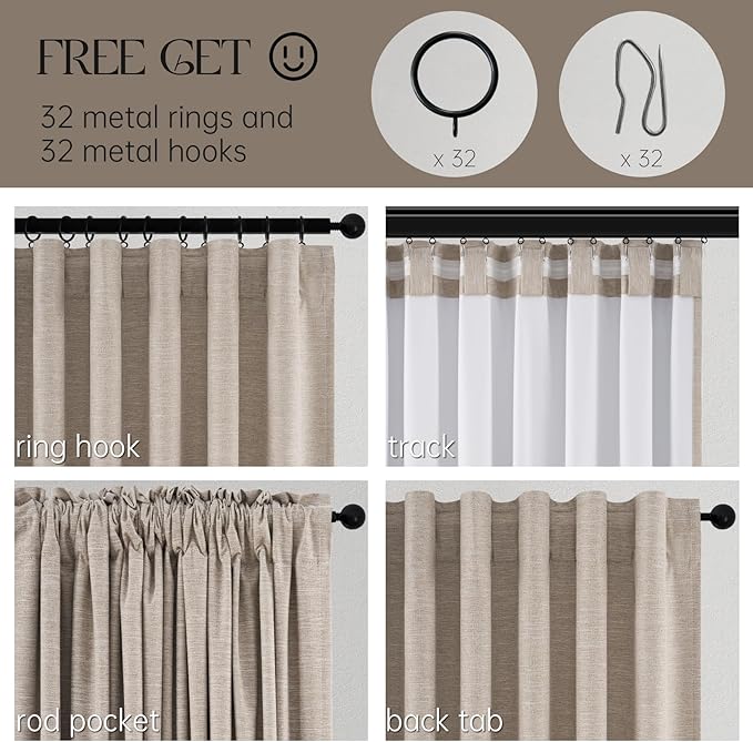 Linen Blackout Curtains 120 Inches Long for Bedroom 100% Black Out Luxury Farmhouse Ceiling Track Curtains with Hooks Drapes for Sliding Glass Patio Doors Inside 10 ft Large Window (W52 xL120 2Panels)