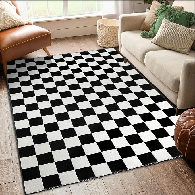 Seavish Washable 4x6 Ft Black and White Checkered Outdoor Porch Rug | Cotton Woven Checkerboard Rug, Low Pile Foldable Floor Cover Indoor Carpet for Living Room Bedroom Dining Room Patio