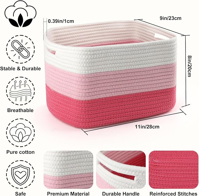 4 Pack Storage Baskets for Organizing, 11''Lx9''Wx8''H Woven Baskets for Storage Toys, Towels, Books, and Clothes, Cotton Rope Basket for Shelves with Handle