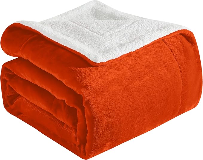 Elegant Comfort Ultra Soft Reversible Flannel Sherpa Blanket - Cozy Silky Fleece Throw for Couch, Bed - Plush Fuzzy Warm Winter Blanket for Gift, Twin, Orange