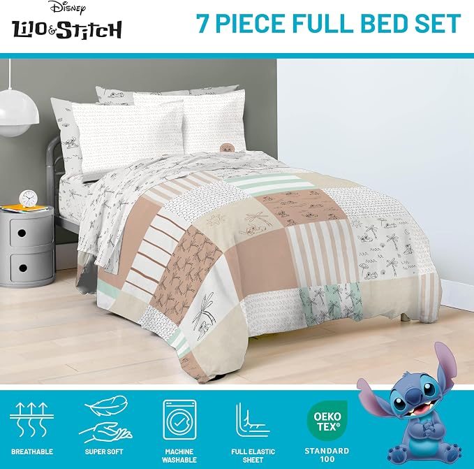Disney Lilo and Stitch Full Size Comforter Set 7 Piece Bedding, Multi | Bed in a Bag, Comforter Sheets Shams Pillowcases, Official Product, Soft Microfiber, Machine Washable, Girls Gift