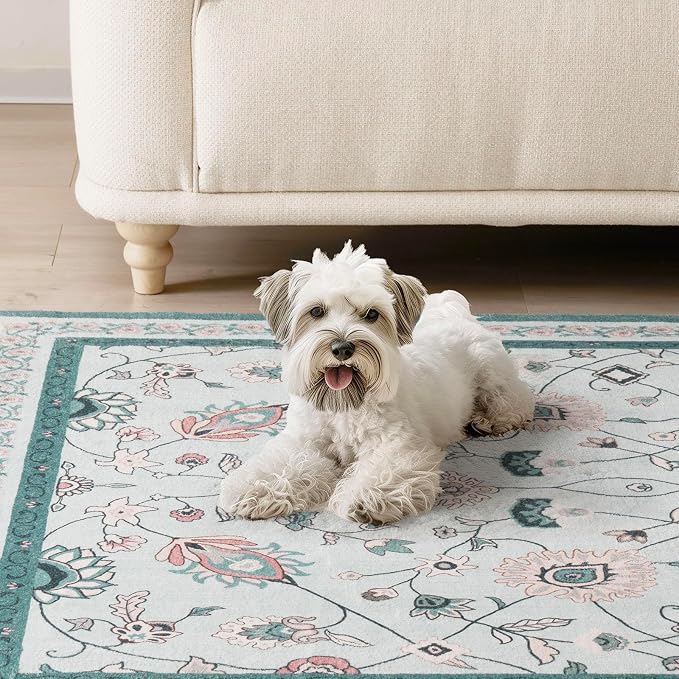 EVERGRACE Area Rugs for Living Room 4x6, Boho Floral Faux Wool Indoor Outdoor Rugs, Washable Rugs for Bedroom Entryway Dining Room Hallyway, Low Pile Floor Mat Carpet for Home Decor, Pale Blue