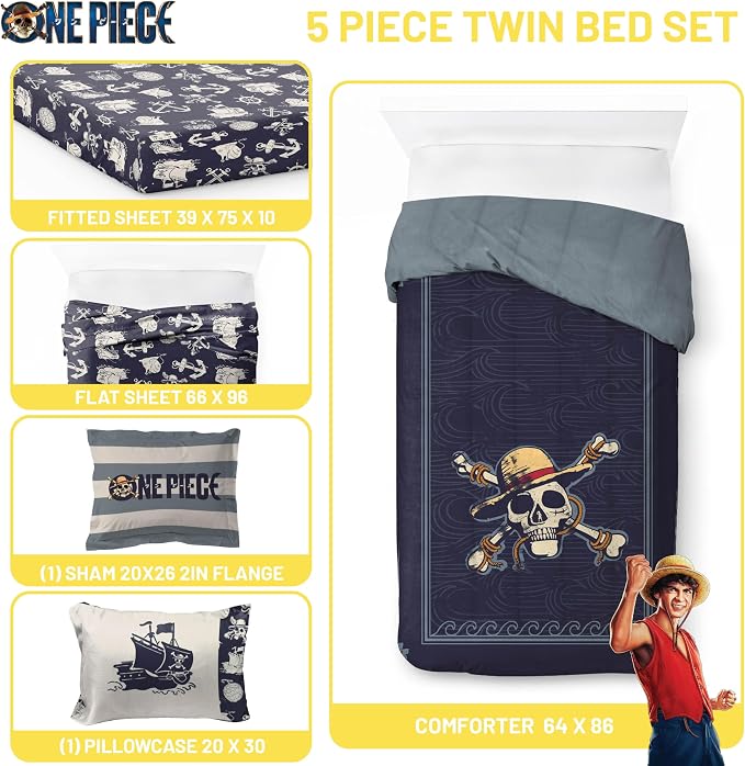 One Piece Luffy Twin Comforter Set 5 Piece Soft Anime Bedding, Blue | Bed in a Bag, Comforter Sheets Sham Pillowcase, Official Product, Soft Microfiber, Machine Washable, Kids Gift
