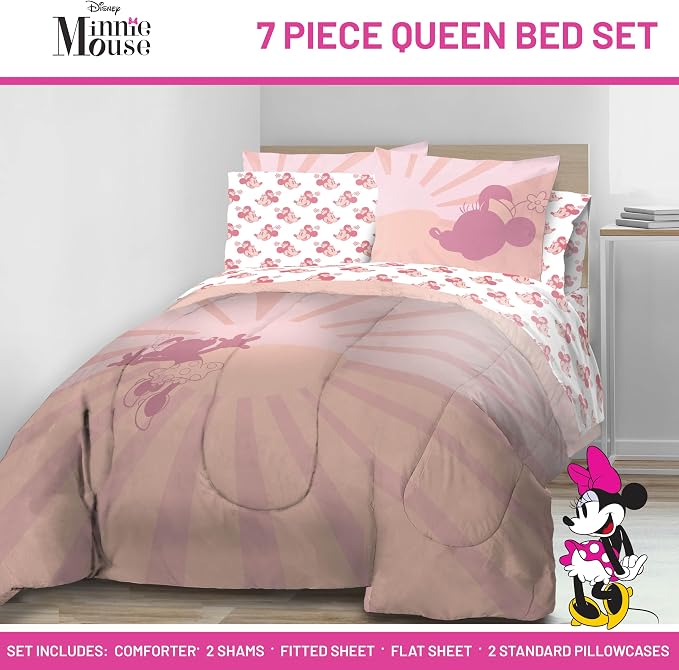 Disney Minnie Mouse Queen Comforter Set 7 Piece Bedding for Girls, Pink | Bed in a Bag, Comforter Sheets Shams Pillowcases, Official Product, Soft Microfiber, Machine Washable, Girls Gift
