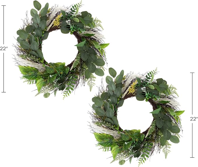 Sweet Anne Eucalyptus Wreath Set - Two 22-Inch Artificial Spring, Summer, or Fall Wreaths for Home Decor - Indoor Decor by Pure Garden