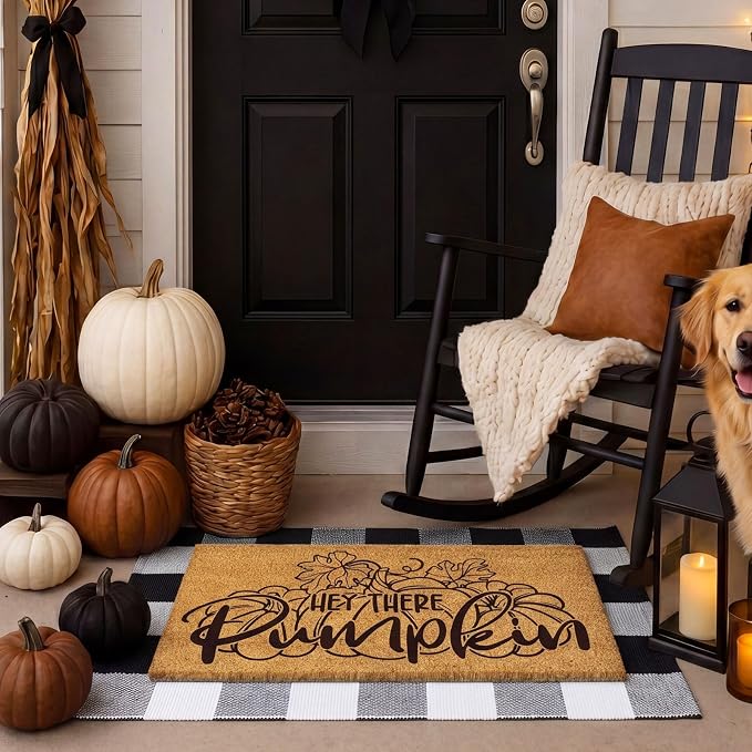Moucuny 2 Pcs Fall Coir Welcome Doormat Outdoor 16'' x 28'' Hey There Pumpkin Coir Welcome Mat Layered 24'' x 35'' Black and White Plaid Rug Set for Fall Autumn Front Porch Entryway Entrance Decor