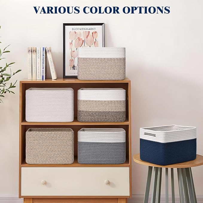 Storage Baskets for Organizing, 4 Pack Baskets for Shelves, Decorative Storage Bins for Shelves, Cotton Rope Storage Basket with Handles, Woven Basket for Storage, 13''Lx8.7''Wx7.9''H, White & Blue