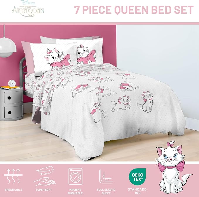 Disney Aristocats Marie Queen Comforter Set 7 Piece Kids Bedding, White | Bed in a Bag, Comforter Sheets Shams Pillowcases, Official Brand, Soft Microfiber, Machine Washable, Girls Gift