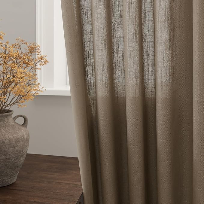 Dark Taupe Flax Linen Curtains 90 Inches Long for Bedroom 2 Panels Back Tab Loop Pocket Privacy Neutral Semi Sheer Curtains Country Rustic Farmhouse Light Filtering Drapes for Living Room 40x90