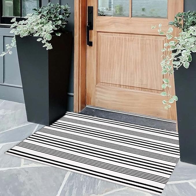 OJIA Front Door Mat 24"x35" Welcome Mat Black and White Outdoor Rug Doormat | Cotton Woven Front Door Rug Washable Indoor Door Mat Outside Entrance Striped Rug for Fall Porch Decor/Farmhouse/Entryway