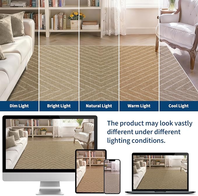 Garvee Easy Jute Rug 8x10 Washable Indoor Outdoor Rugs Non Slip Stain Resistant Modern Striped Neutral Patio Throw Carpets Farmhouse Area Rugs for Porch Kitchen Bedroom Living Room Backyard, 8'x10'