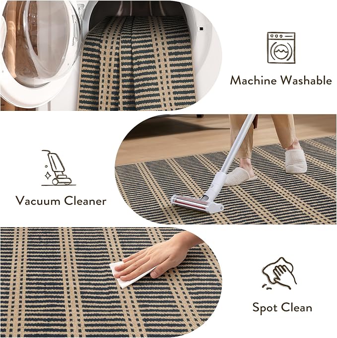 LIVEBOX Striped Easy Jute 5x7 Outdoor Rug, Black Washable Rugs for Patio Living Room, Indoor Outdoor Non Slip Area Rug for Bedroom, Farmhouse Neutral Carpet Floor Mat for Dining Room Backyard Deck