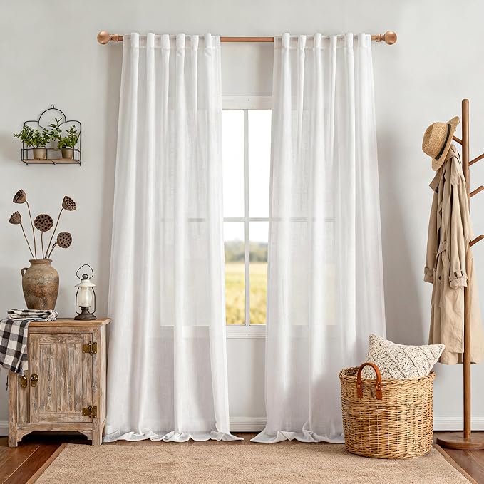 MYSKY HOME Floor to Ceiling Curtains 102 Inches White Sheer Window Drapes 2 Panel Sets Linen Look Boho Fabric Back Tab Draperies, Soft Cotton Blend Light Filtering for Living Room，50" Wide