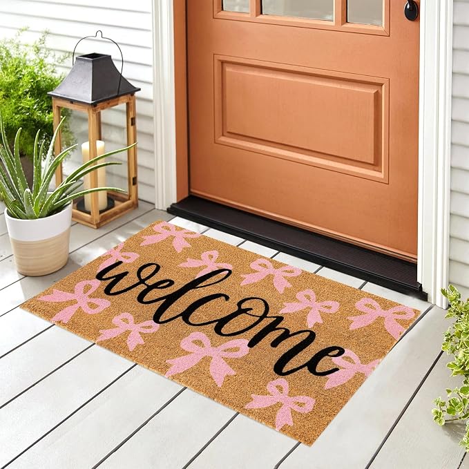 JarThenaAMCS Pink Bow Natural Coir Door Mat Cute Ribbon Bowknot Welcome Floor Mat Non-Slip Entrance Door Rugs for Indoor Outdoor Home Bathroom Decor, 16.5 x 29 Inch
