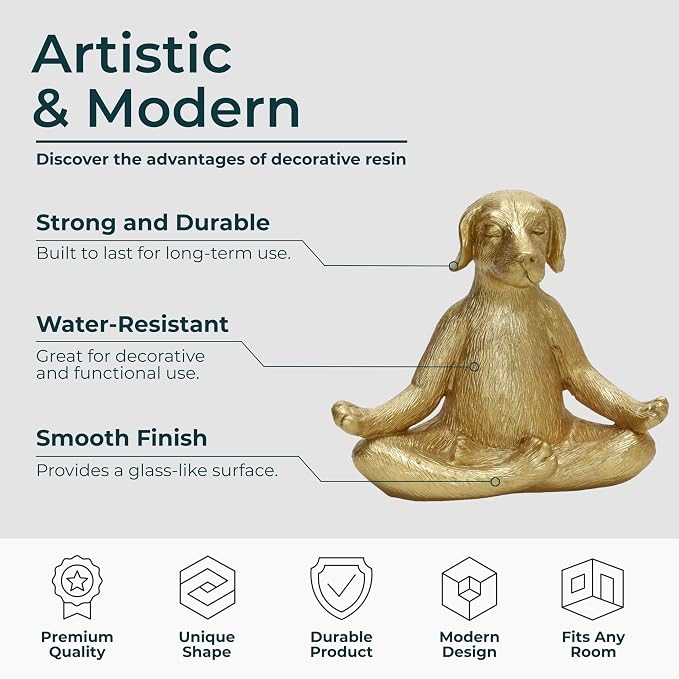 Meditating Dog Decorative Figurine – Zen Yoga Decor & Sculpture Accent – Polyresin Figurines & Sculptures Home Decor for Office, Bedroom, Living Room – 7" x 6", Gold