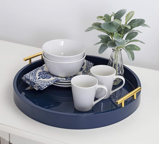 Kate and Laurel Lipton Modern Round Tray, 18" Diameter, Navy Blue and Gold, Decorative Accent Tray for Storage and Display