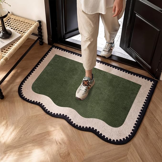 Breling Green Entryway Rug 2 x 3 ft Large Scalloped Welcome Mat Non Slip Washable Doormat Front Door Throw Rug for Farmhouse Indoor Kitchen Laundry Porch Bathroom Decor