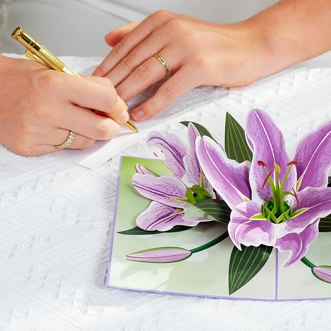 Paper Love Pop Up Cards 2 Pack - Includes 1 Flower Wagon and 1 Purple Lilies, For All Occasions, Mother Day, Birthday, Just Because- Includes Envelope and Note Tag
