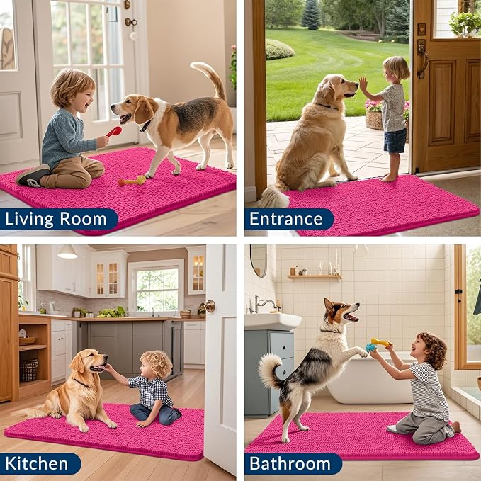Smiry Dog Door Mat for Muddy Paws 70x32, Absorbent Dirt Trapper, Non-Slip Washable Chenille Entryway Rug for Inside Floor, Hot Pink, Classic Solid