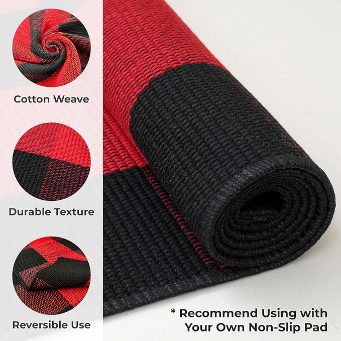 KOZYFLY Buffalo Plaid Rug 2x8 Ft Runners for Hallways Washable Checkered Rug Red and Black Christmas Rugs Woven Cotton Kitchen Fall Rug Halloween Decor for Hallway Kitchen Living Room