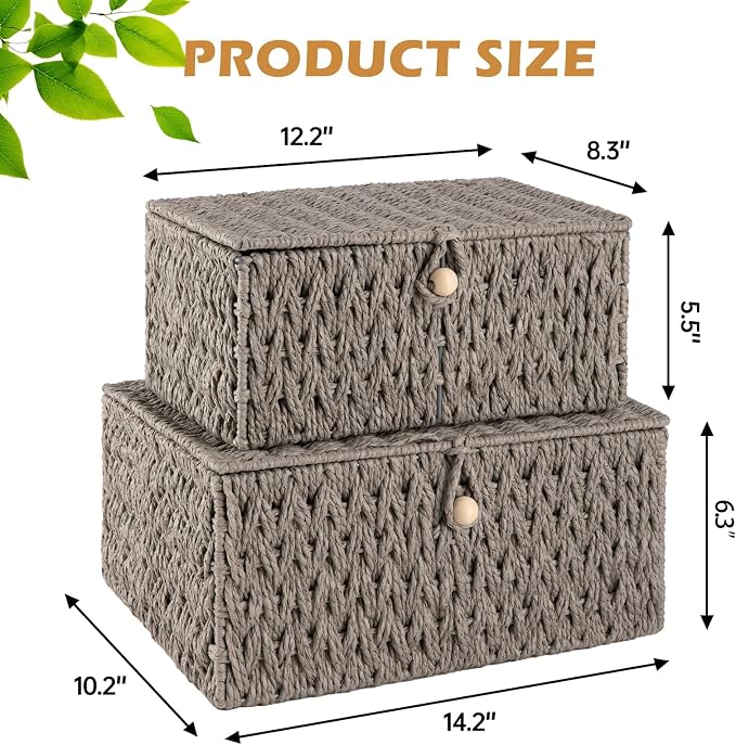 OIAHOMY Wicker Storage Basket with Lid & Lock, Lidded Storage Bins, Decorative Baskets for Organizing, Set of 2-Grey