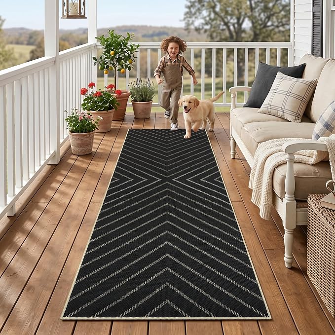 Garvee Easy Jute Rug 2x6 Runner Rug, Hallway Runner Stain Resistant Low Pile Thin Non Shedding Pet Friendly Carpet for Entrance Kithchen Bathroom Porch Striped Minimalism Area Rug 2'x6' Black