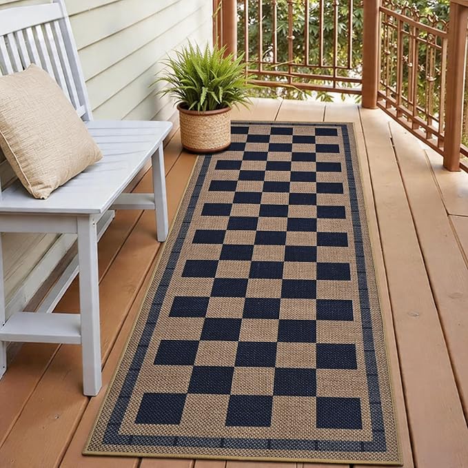 Vasofe 2x6 Jute Checkered Rugs, Outdoor Runner, Runner Carpet for Hallway | Washable PatPorch Balcony Runner Rug Indoor Bedroom Kitchen Laundry Mat, Non Slip Plaid Farmhouse Carpets, Navy and Brown