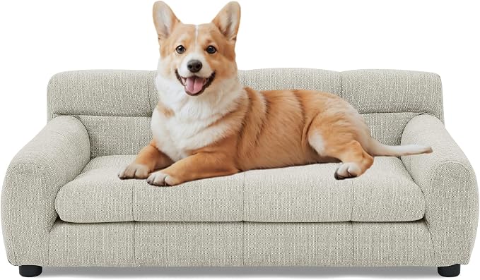 38" Dog Sofa Couch Bed for Small, Medium, Large Dogs, Soft Memory Foam Pet Sofa with Durable Linen Fabric, Comfortable Pet Couch with Backrest and Armrests, Easy to Clean and Maintain（Beige）