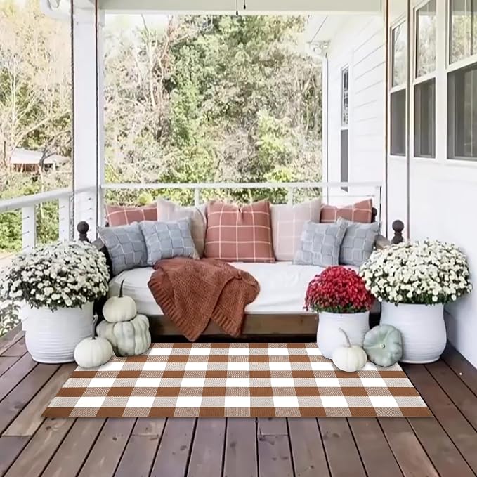 Homydecor Buffalo Plaid Outdoor Rugs, 3'x5' Coffe and White Checkered Area Rug, Layering Rug for Hello/Welcome Door Mat, Washable Cotton Woven Farmhouse Mat for Front Porch Décor
