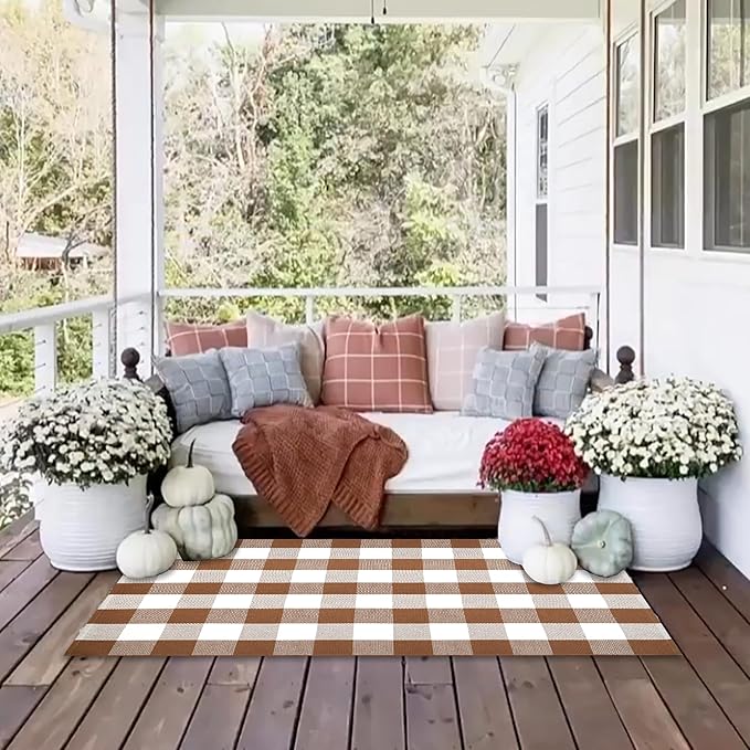 Homydecor Buffalo Plaid Outdoor Rugs, 4'x6' Coffe and White Checkered Area Rug, Layering Rug for Hello/Welcome Door Mat, Washable Cotton Woven Farmhouse Mat for Front Porch Décor