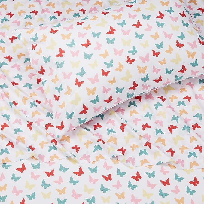 Amazon Basics Kid's Soft Easy-Wash Microfiber 3-Piece Sheet Set, Twin, Multi-Color Butterflies, Butterfly Friends, Printed