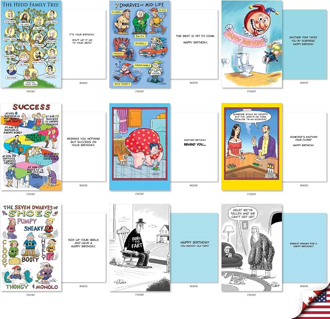 NobleWorks 36 Assorted Box Set Birthday Greeting Cards w/ 5 x 7 Inch Envelopes for Men and Women (36 Designs, 1 Each) Bday Collins' Guy Humor AC10615BDG-B1x36